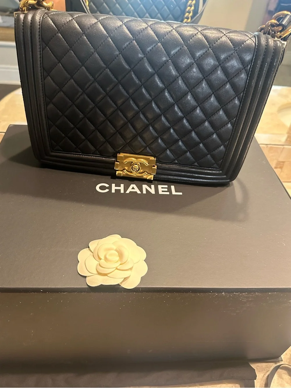 CHANEL Black Quilted Boy Shoulder Bag with Gold Hardware